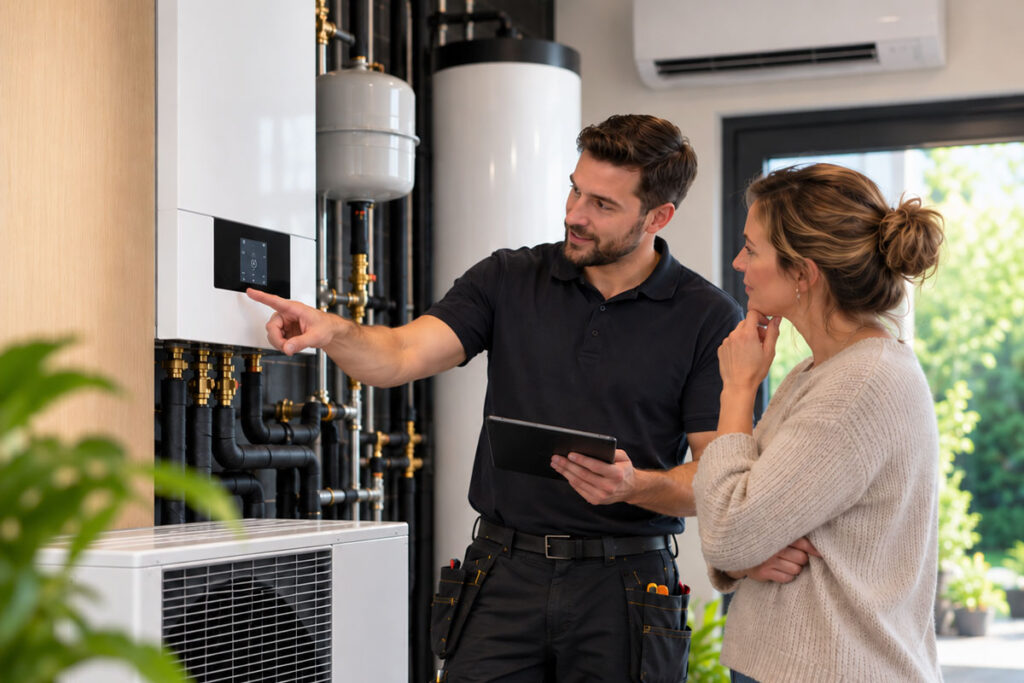 Installateur legt een bewoner de bediening van een verwarmingsinstallatie uit in een showroom