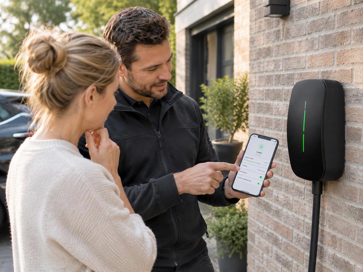 Installateur laat een bewoner informatie op een smartphone zien.
