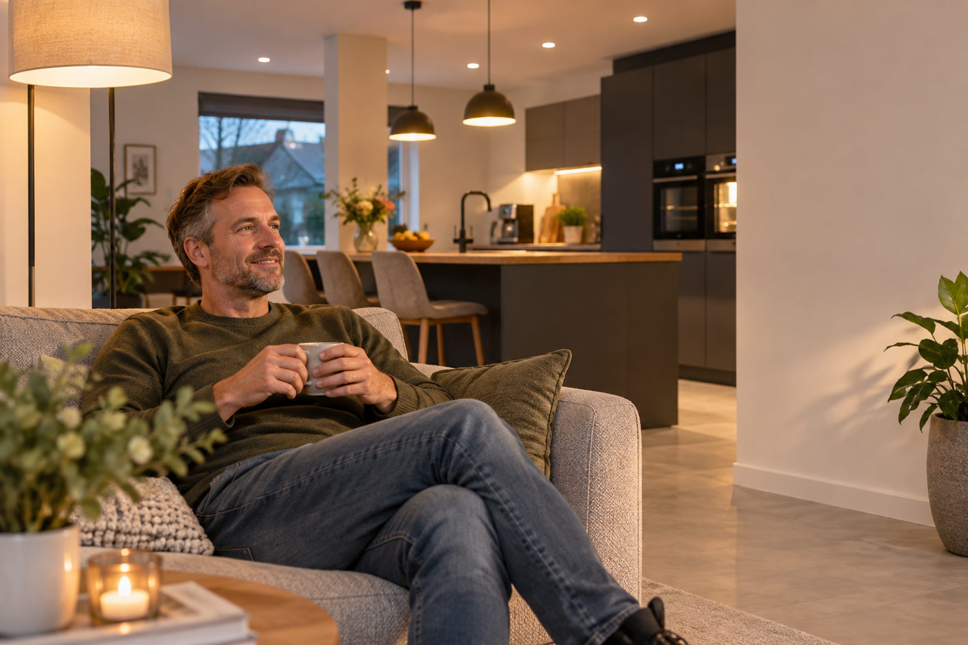 Bewoner geniet van het comfort dat een goed uitgeruste meterkast biedt.