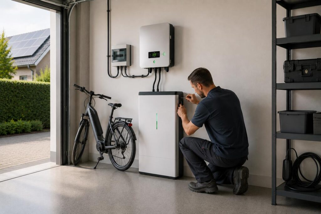 Installateur werkt aan een thuisbatterij onder een omvormer in de garage.