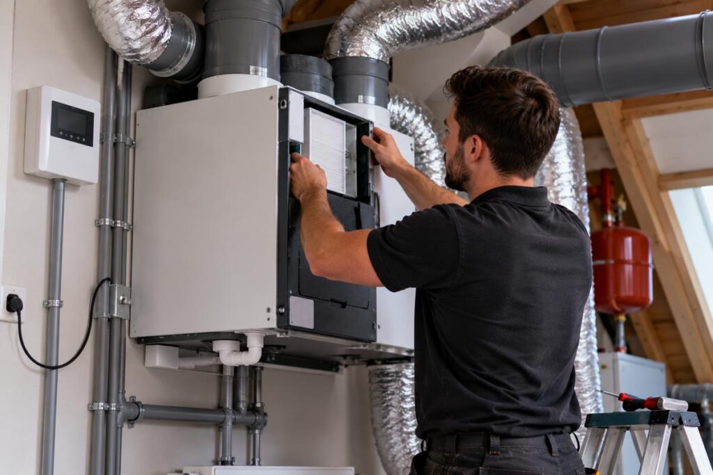 Installateur werkt aan een ventilatie-unit met aangesloten luchtkanalen.