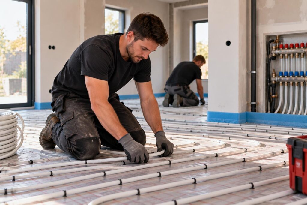 Installateur legt leidingen voor vloerverwarming aan.