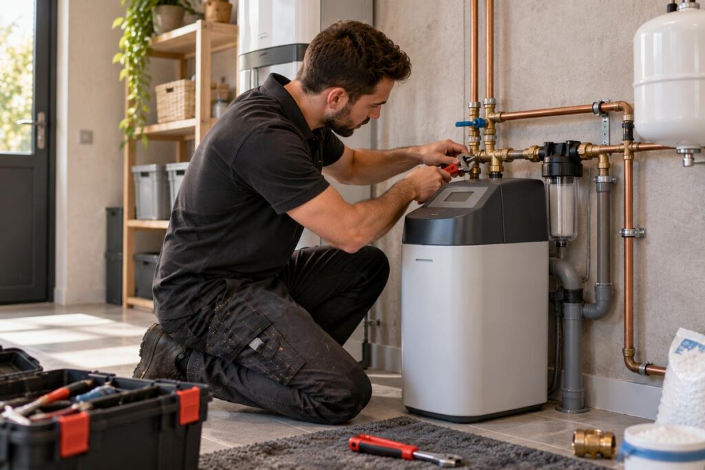 Installateur sluit een waterontharder aan op de waterleiding.