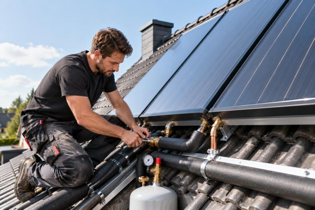 Installateur werkt aan een zonnecollector op een schuin dak.