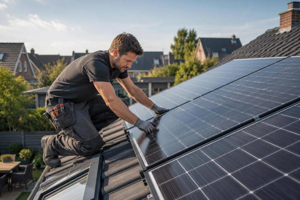 Installateur monteert zonnepanelen op een schuin dak.